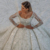 Luxurious Princess Ball Gown Long Sleevess Sparkly sequins Bridal Gowns with Sweep Train-showprettydress