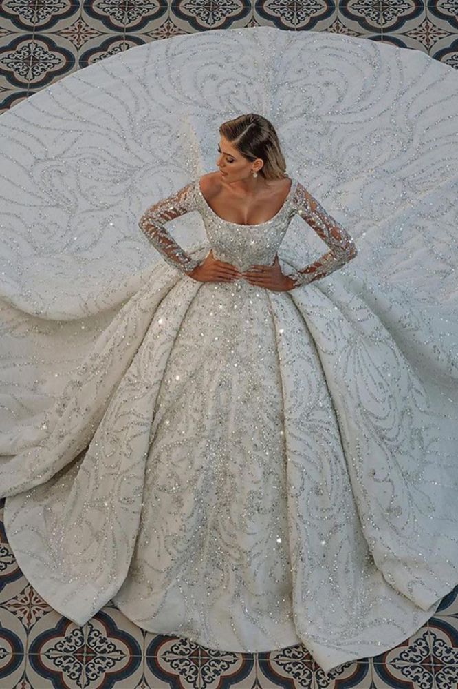 Luxurious Princess Ball Gown Long Sleevess Sparkly sequins Bridal Gowns with Sweep Train-showprettydress