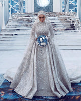 Luxurious Sequins Bridal Gown Aline Long Sleeves Highneck Sweep Train-showprettydress