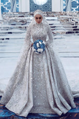 Luxurious Sequins Bridal Gown Aline Long Sleeves Highneck Sweep Train-showprettydress