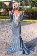 Luxurious Sequins Long Sleevess Mermaid Sheer Neckline Prom Dresses-showprettydress