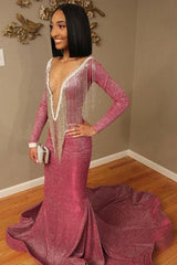 Luxurious Sequins Long Sleevess Mermaid Sheer Neckline Prom Dresses-showprettydress