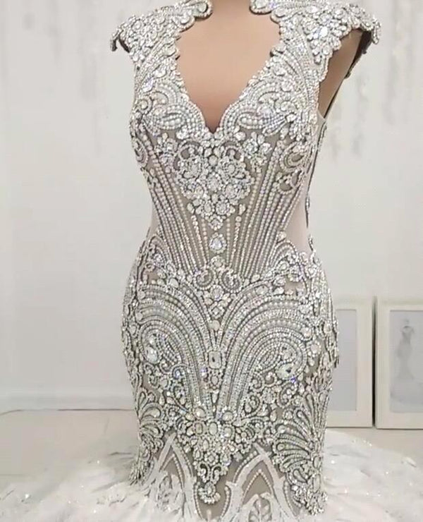 Luxurious Sleeveless Appliques Rhinestones Mermaid Wedding Bridal Gowns-showprettydress