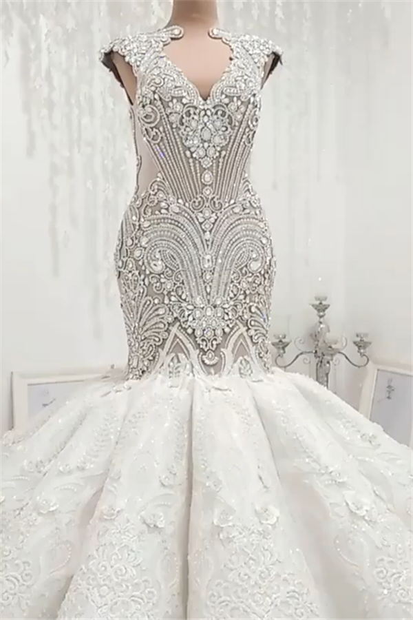 Luxurious Sleeveless Appliques Rhinestones Mermaid Wedding Bridal Gowns-showprettydress