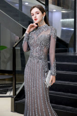 Luxurious Sparkle Cap sleeves High neck Beads Long Prom Dresses-showprettydress