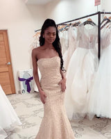 Luxurious Strapless Beadings Mermaid Wedding Dress Affordable Sleeveless Long Bridal Gown-showprettydress