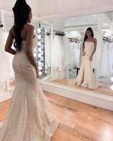 Luxurious Strapless Beadings Mermaid Wedding Dress Affordable Sleeveless Long Bridal Gown-showprettydress