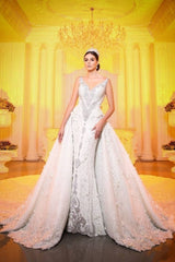 Luxurious V Neck Crystals Mermaid Bridal Gown Long Sweep Train-showprettydress