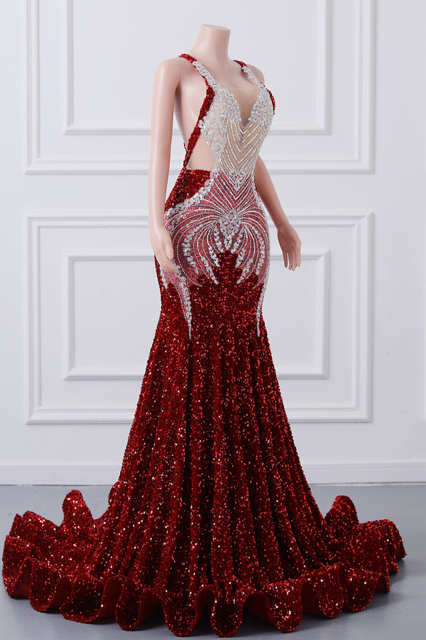 Luxury Burgundy Sequin Mermaid Silver Beaded Court Trian Criss Cross Prom Dresses-Showprettydress