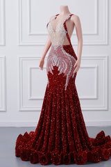 Luxury Burgundy Sequin Mermaid Silver Beaded Court Trian Criss Cross Prom Dresses-Showprettydress