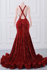 Luxury Burgundy Sequin Mermaid Silver Beaded Court Trian Criss Cross Prom Dresses-Showprettydress