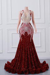 Luxury Burgundy Sequin Mermaid Silver Beaded Court Trian Criss Cross Prom Dresses-Showprettydress