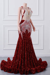 Luxury Burgundy Sequin Mermaid Silver Beaded Court Trian Criss Cross Prom Dresses-showprettydress