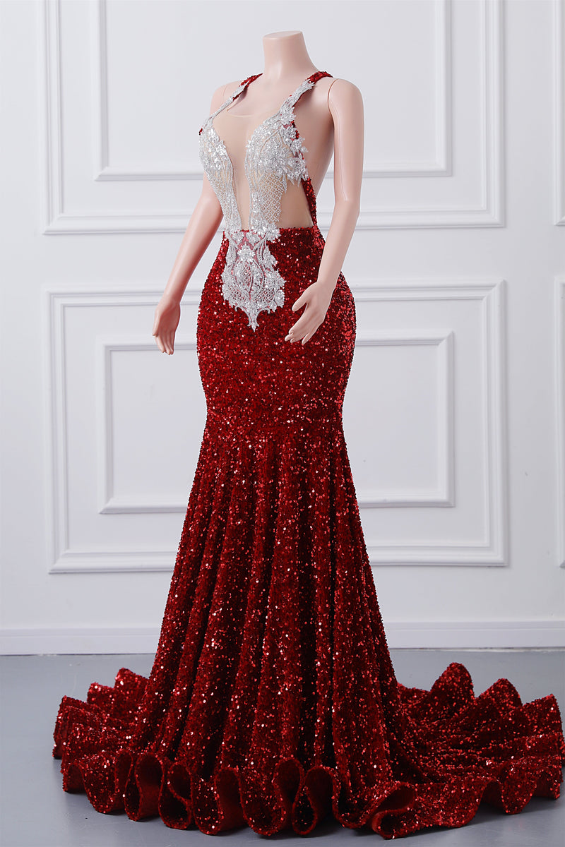 Luxury Burgundy Sequin Mermaid Silver Beaded Court Trian Prom Dresses-Showprettydress