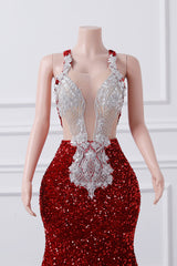 Luxury Burgundy Sequin Mermaid Silver Beaded Court Trian Prom Dresses-Showprettydress