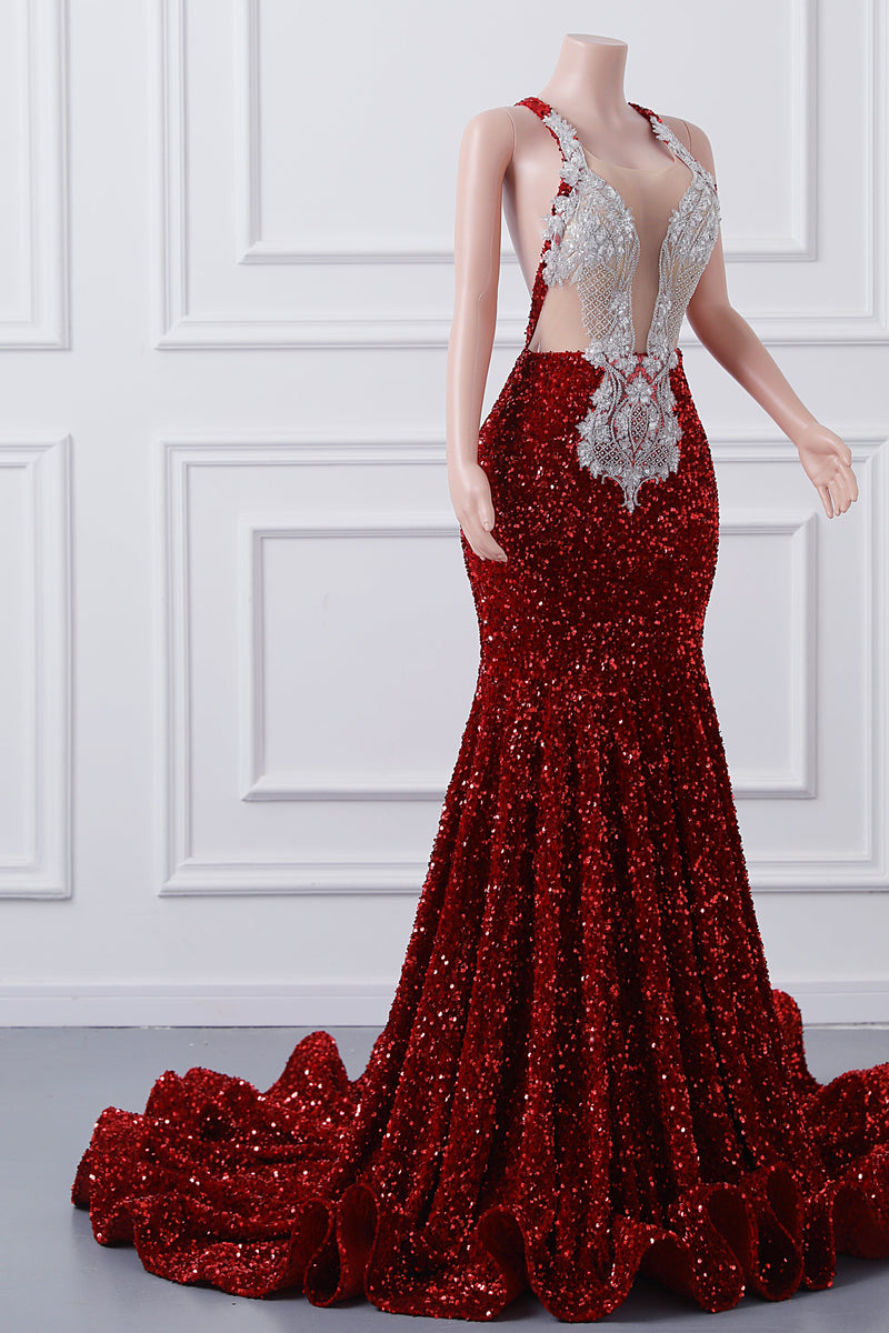 Luxury Burgundy Sequin Mermaid Silver Beaded Court Trian Prom Dresses-Showprettydress