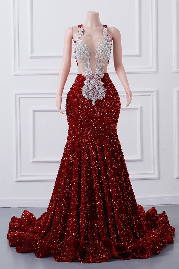 Luxury Burgundy Sequin Mermaid Silver Beaded Court Trian Prom Dresses-Showprettydress