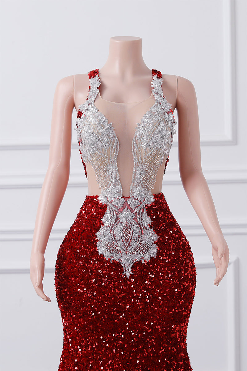 Luxury Burgundy Sequin Mermaid Silver Beaded Court Trian Prom Dresses-showprettydress