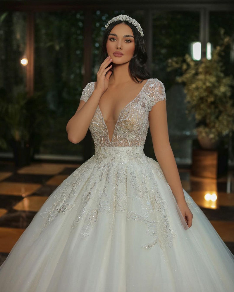 Luxury Long A-line V-neck Beads Tulle Glitter Wedding Dress with Cap Sleeves-showprettydress