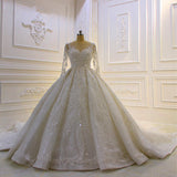 Luxury Long Ball Gown Lace Appliques Wedding Dress with Sleeves-showprettydress