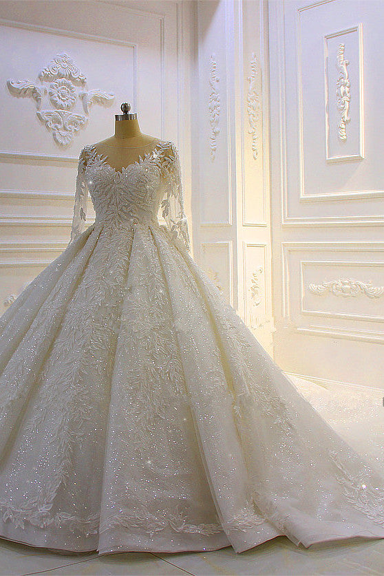 Luxury Long Ball Gown Lace Appliques Wedding Dress with Sleeves-showprettydress