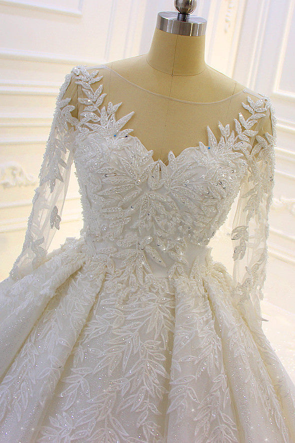 Luxury Long Ball Gown Lace Appliques Wedding Dress with Sleeves-showprettydress