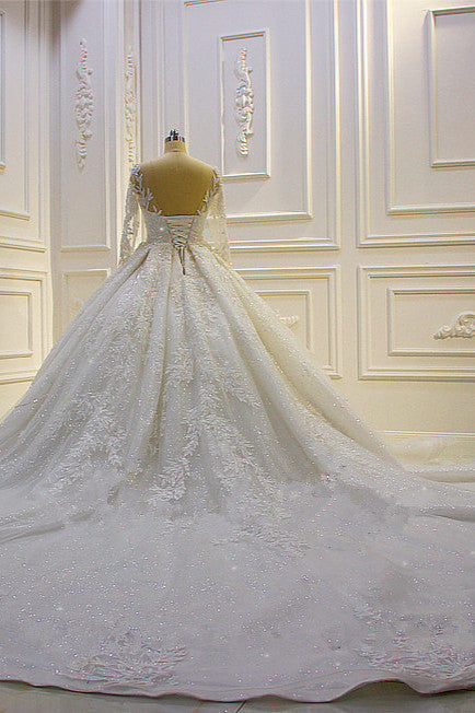 Luxury Long Ball Gown Lace Appliques Wedding Dress with Sleeves-showprettydress