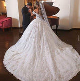 Luxury Long Ball Gown Off-the-shoulder Lace Wedding Dress with Catheral Train-showprettydress