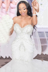 Luxury Long Mermaid Sweetheart Strapless Ruffles Beaded Crystal Wedding Dress-showprettydress