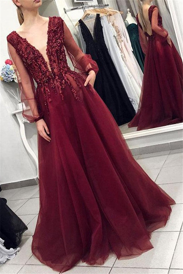 Maroon V-Neck Long Sleevess Applique Prom Dresses Tulle Evening Dresses with Beads-showprettydress