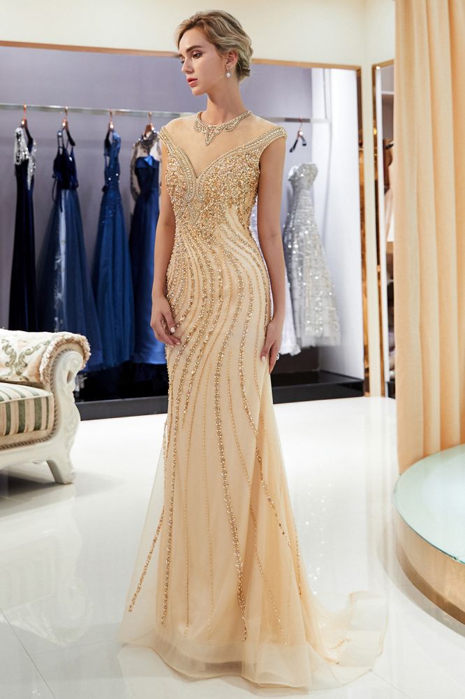 MARTHA Mermaid Floor Length Sleeveless Golden Beading Evening Gowns-showprettydress