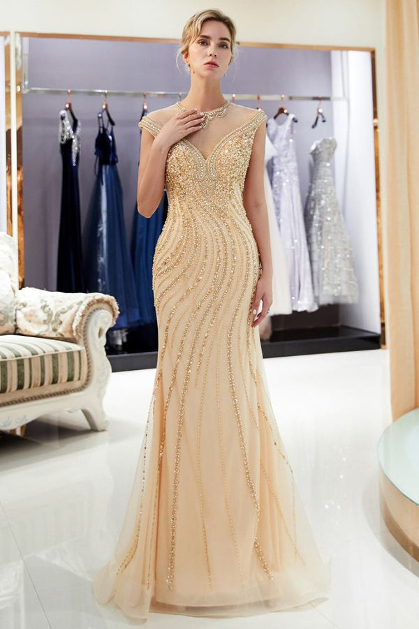 MARTHA Mermaid Floor Length Sleeveless Golden Beading Evening Gowns-showprettydress