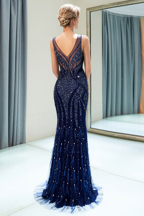 MATHILDA Mermaid Sleeveless V-neck Sequins Pattern Long Evening Gowns-showprettydress