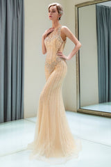 MATILDA Mermaid Floor Length Sleeveless Beading Golden Evening Dresses-showprettydress