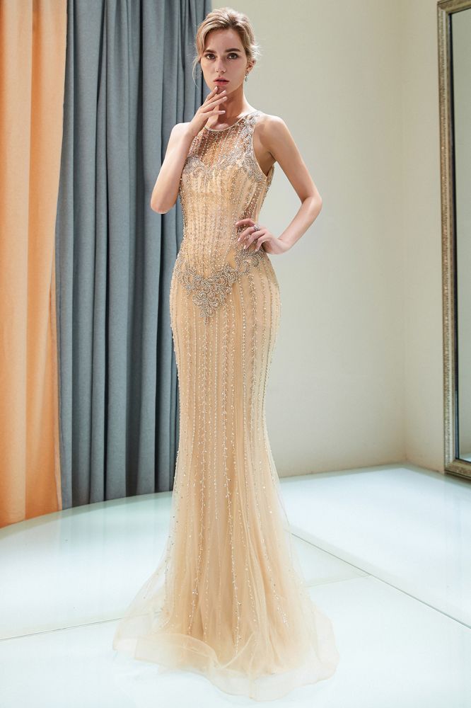 MATILDA Mermaid Floor Length Sleeveless Beading Golden Evening Dresses-showprettydress