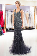 MAY Mermaid Floor Length V-neck Sleeveless Crystals Beading Formal Party Dresses-showprettydress