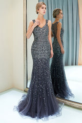 MAY Mermaid Floor Length V-neck Sleeveless Crystals Beading Formal Party Dresses-showprettydress