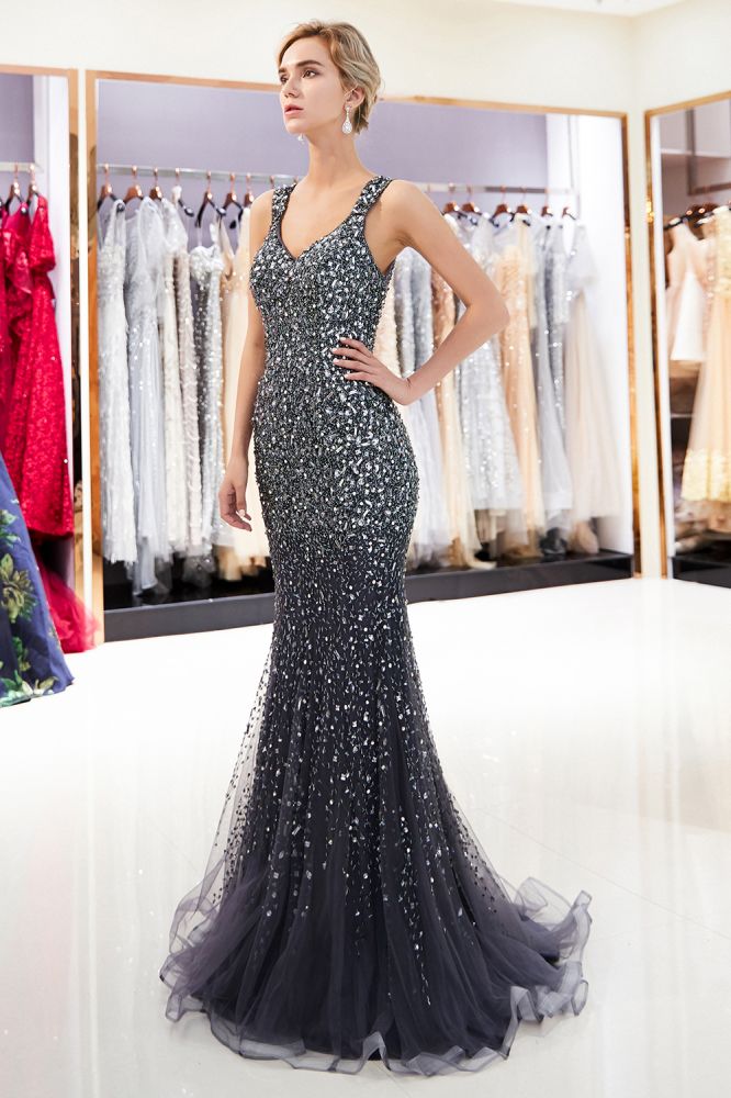 MAY Mermaid Floor Length V-neck Sleeveless Crystals Beading Formal Party Dresses-showprettydress