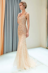 MAY Mermaid Floor Length V-neck Sleeveless Crystals Beading Formal Party Dresses-showprettydress