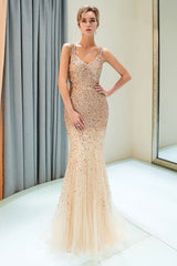 MAY Mermaid Floor Length V-neck Sleeveless Crystals Beading Formal Party Dresses-showprettydress