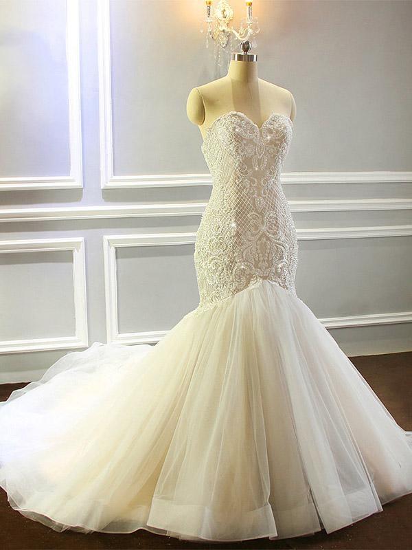 Mermaid Appliques Sweetheart Wedding Dresses Sleeveless Tulle Pleated Bridal Gowns-showprettydress