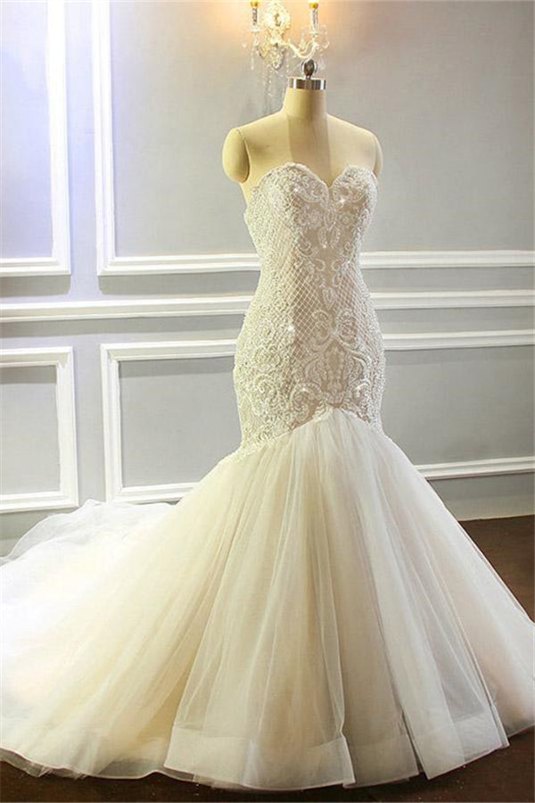 Mermaid Appliques Sweetheart Wedding Dresses Sleeveless Tulle Pleated Bridal Gowns-showprettydress