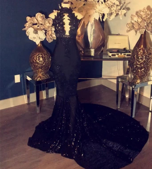 Mermaid Black Appliques High-Neck Sleeveless Long Prom Dresses-showprettydress