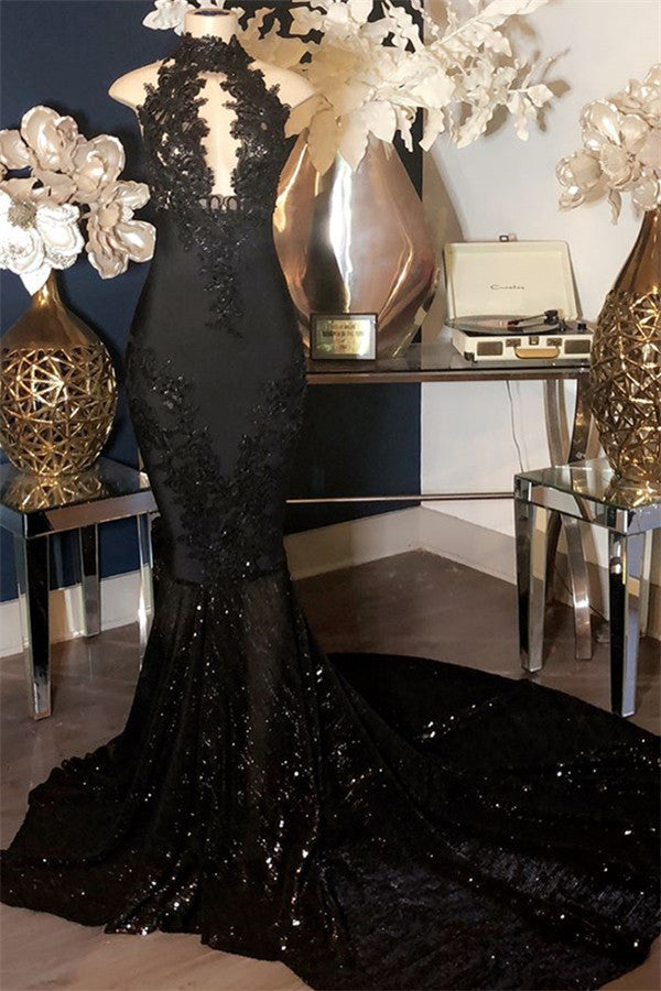 Mermaid Black Appliques High-Neck Sleeveless Long Prom Dresses-showprettydress