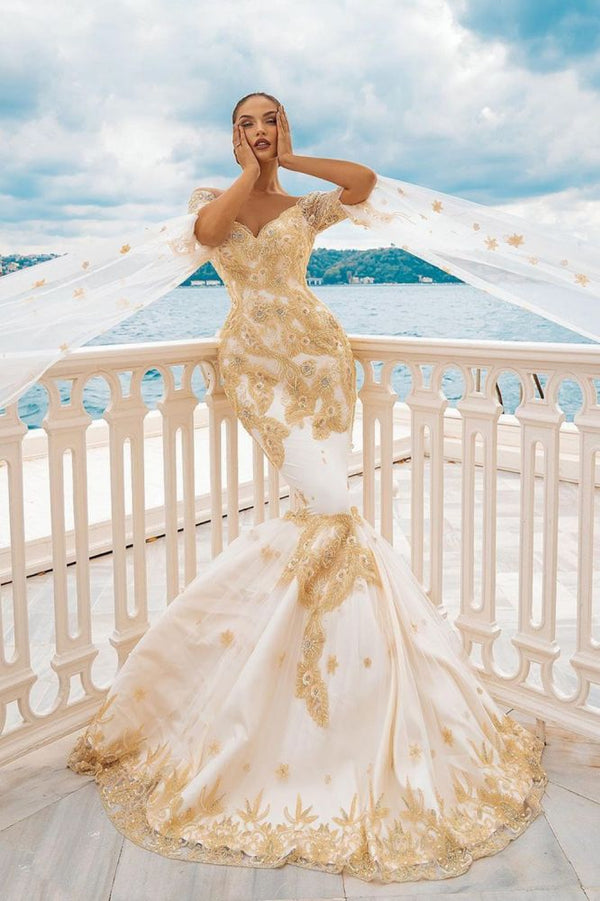 Mermaid Bridal Gowns Gold Appliques Half Sleeve Cape-showprettydress