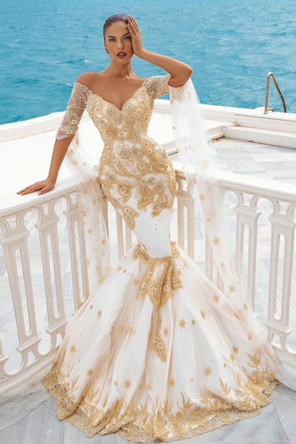 Mermaid Bridal Gowns Gold Appliques Half Sleeve Cape-showprettydress