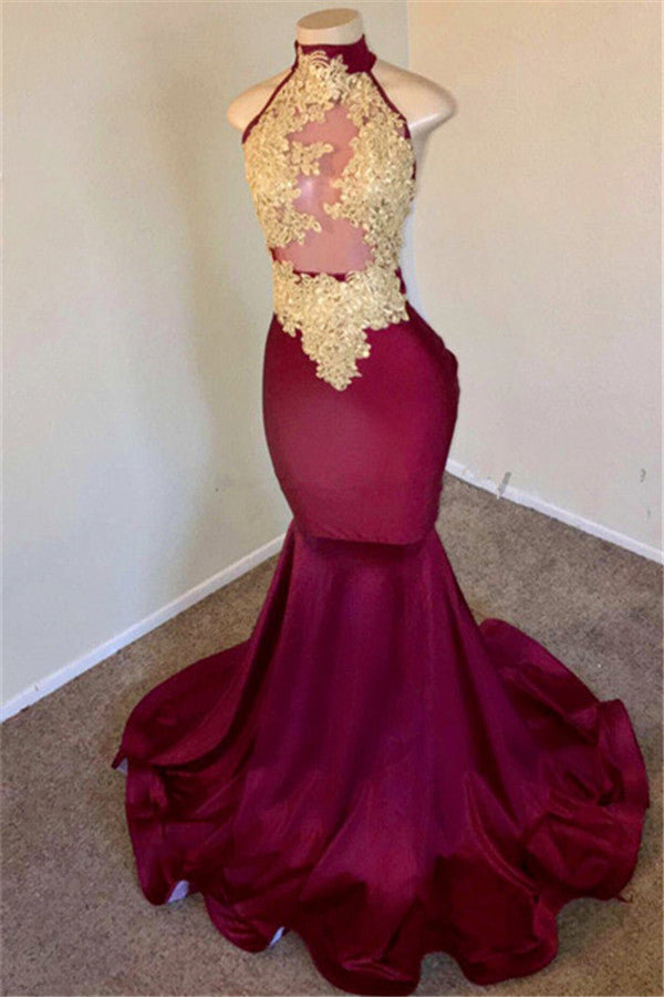 Mermaid Burgundy High-Neck Applique Sleevless Prom Dresses-showprettydress