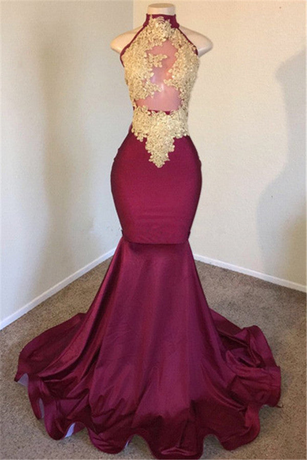 Mermaid Burgundy High-Neck Applique Sleevless Prom Dresses-showprettydress