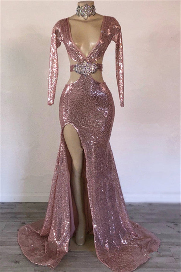 Mermaid Gorgeous Sequins V-Neck Long-Sleeves Side-Slit Prom Dresses-showprettydress