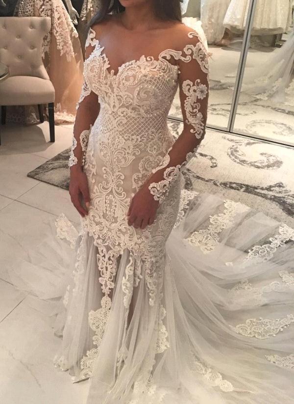 Mermaid Lace Appliques Modern Tulle Wedding Dress Long Sleeves Bride Dress With Long Train-showprettydress